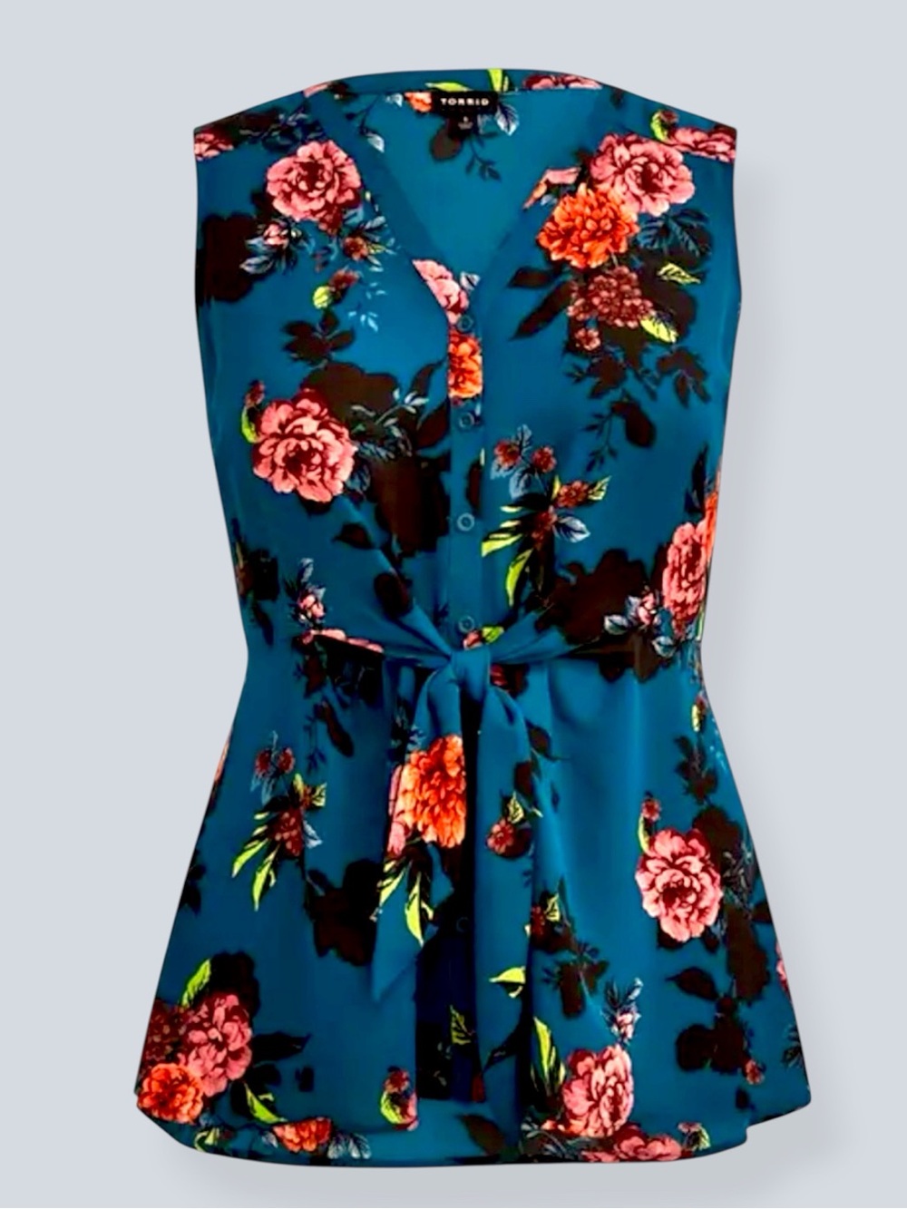 Torrid Georgette Sleeveless Blouse Teal Floral Tie Front Peplum Button Front 2X